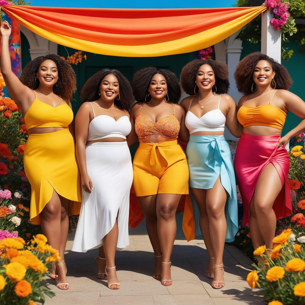 A diverse group of models of various body types joyfully posing in a vibrant outdoor setting, showcasing fashionable outfits that emphasize individuality and confidence. The atmosphere is light-hearted and celebratory, with colorful flowers and banners in the background symbolizing body positivity. Bright natural lighting enhances their radiant smiles, conveying a message of inclusivity and self-love. super-realistic. vibrant colors. outdoor setting.