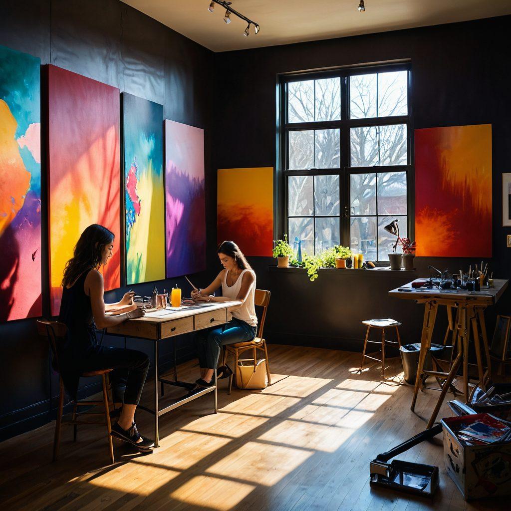 A diverse group of artists passionately creating intimate artworks in a sunlit studio, surrounded by vibrant paintings and sculptures. In the center, a large canvas showcases bold colors and profound expressions of vulnerability. The atmosphere is filled with a warm glow, symbolizing connection and openness in creativity. Soft shadows dance around to evoke a sense of comfort and fearlessness. surrealism. vibrant colors. soft lighting.